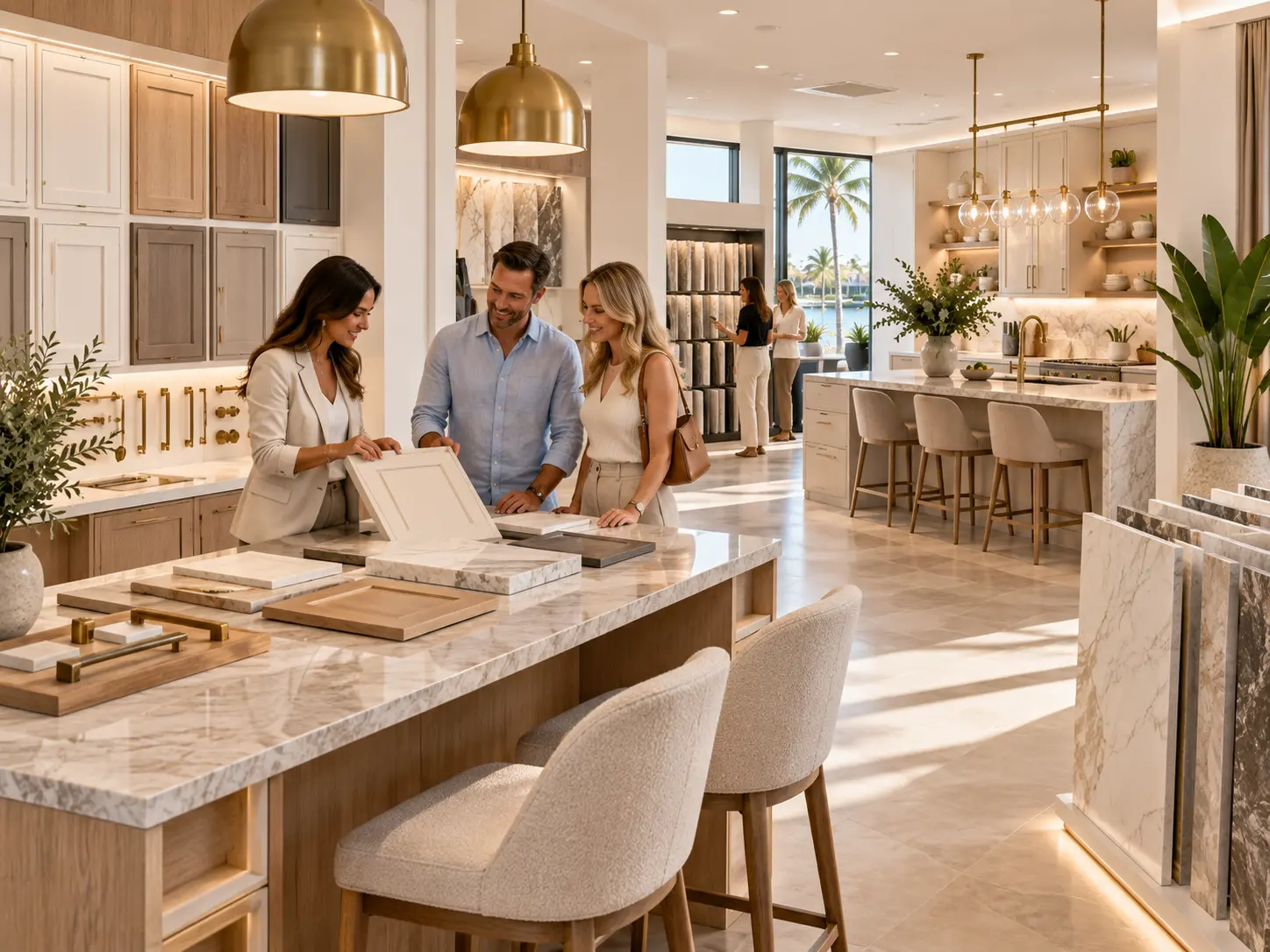 Homeowners comparing cabinet door styles and countertop samples during a kitchen design discussion