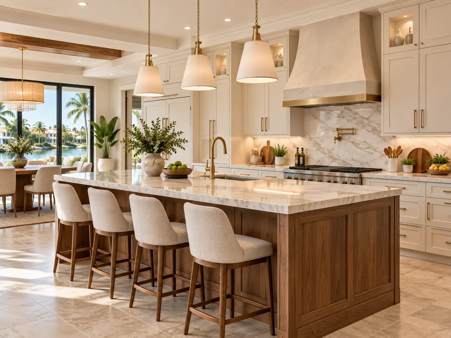Transitional kitchen with painted perimeter cabinets, a walnut island and a plaster range hood