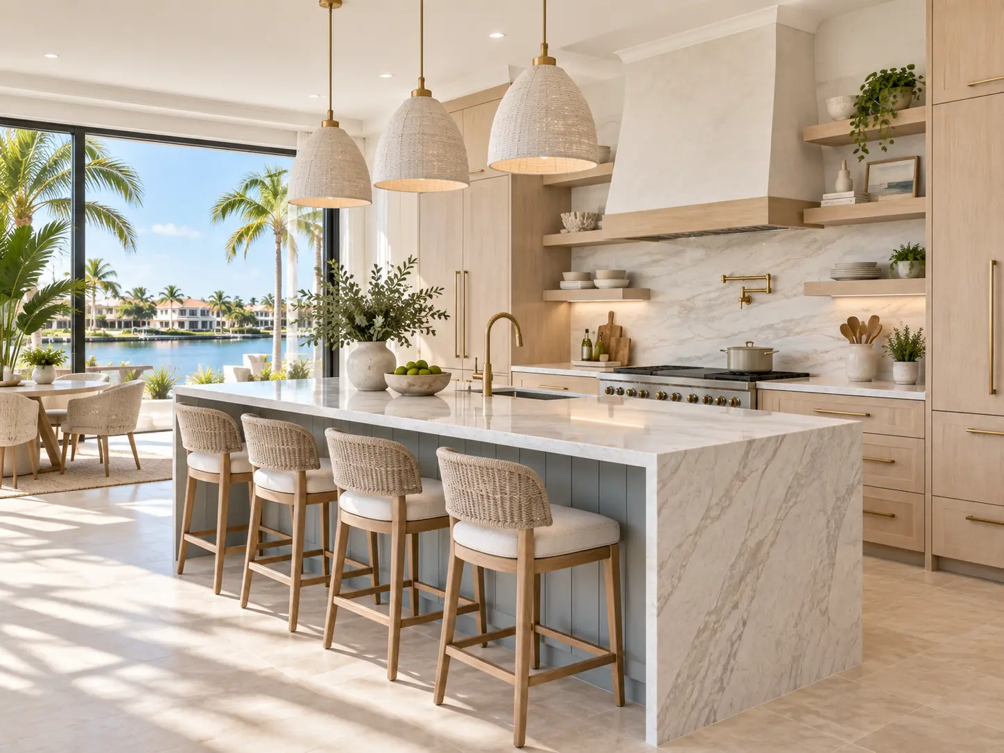Coastal kitchen with woven pendant lighting, pale wood cabinets and a stone waterfall island