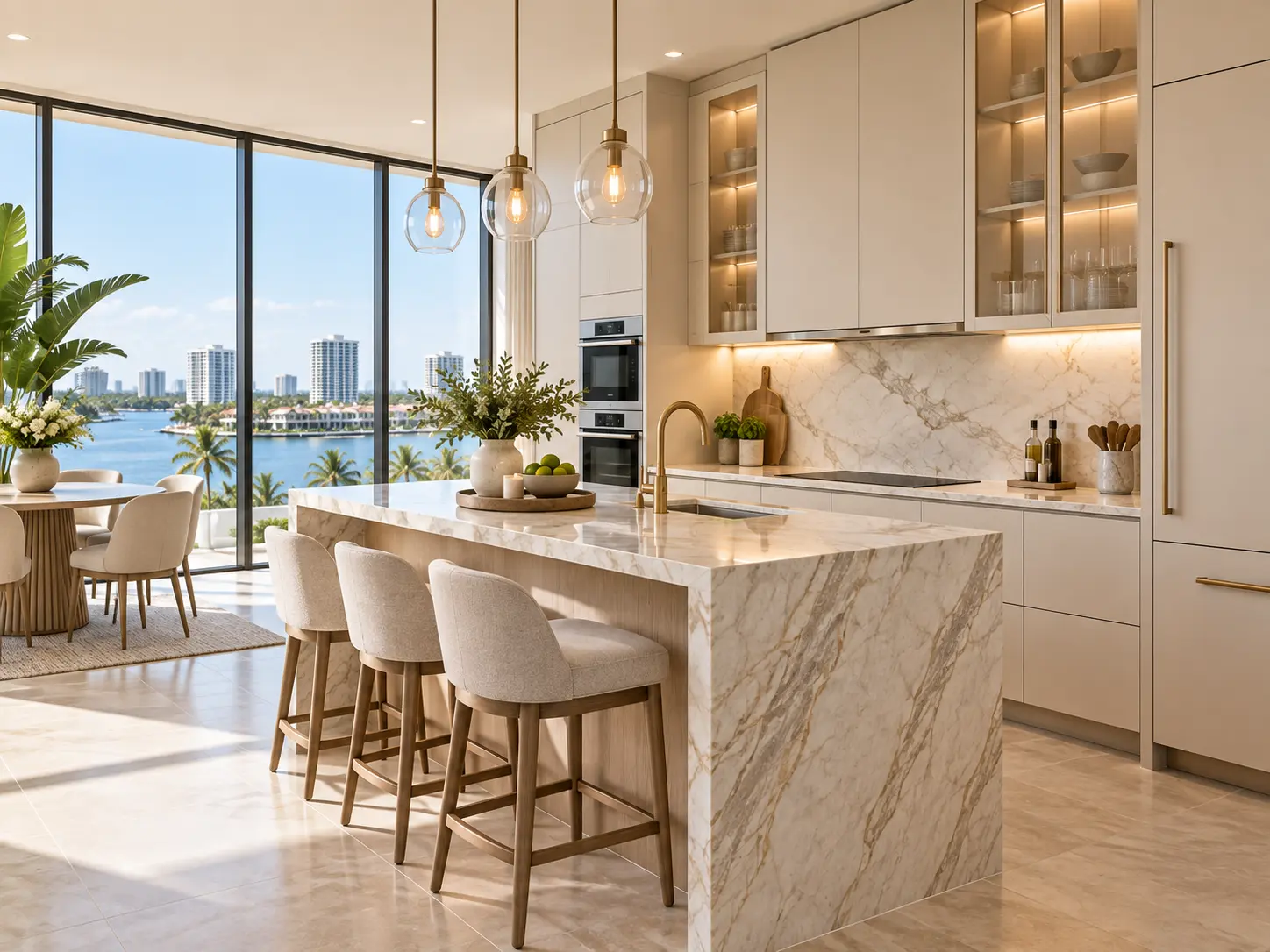 Condo kitchen with glass-front upper cabinets, integrated appliances and an intracoastal view