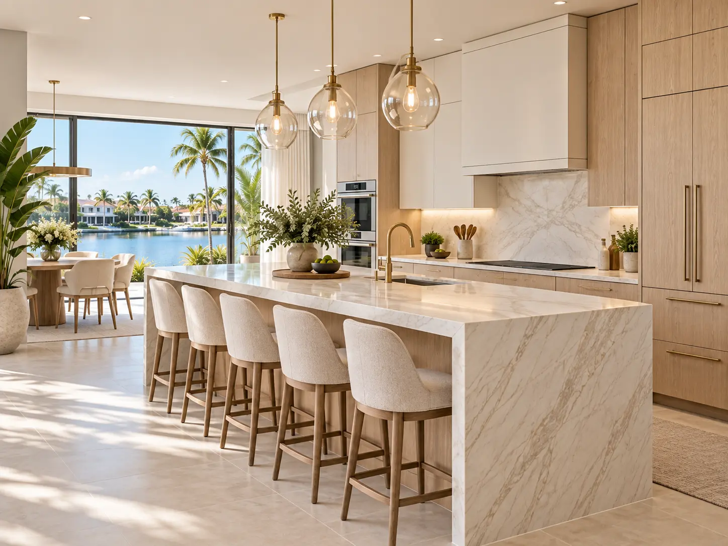 Bright waterfront-inspired kitchen with a long marble island and light oak cabinetry